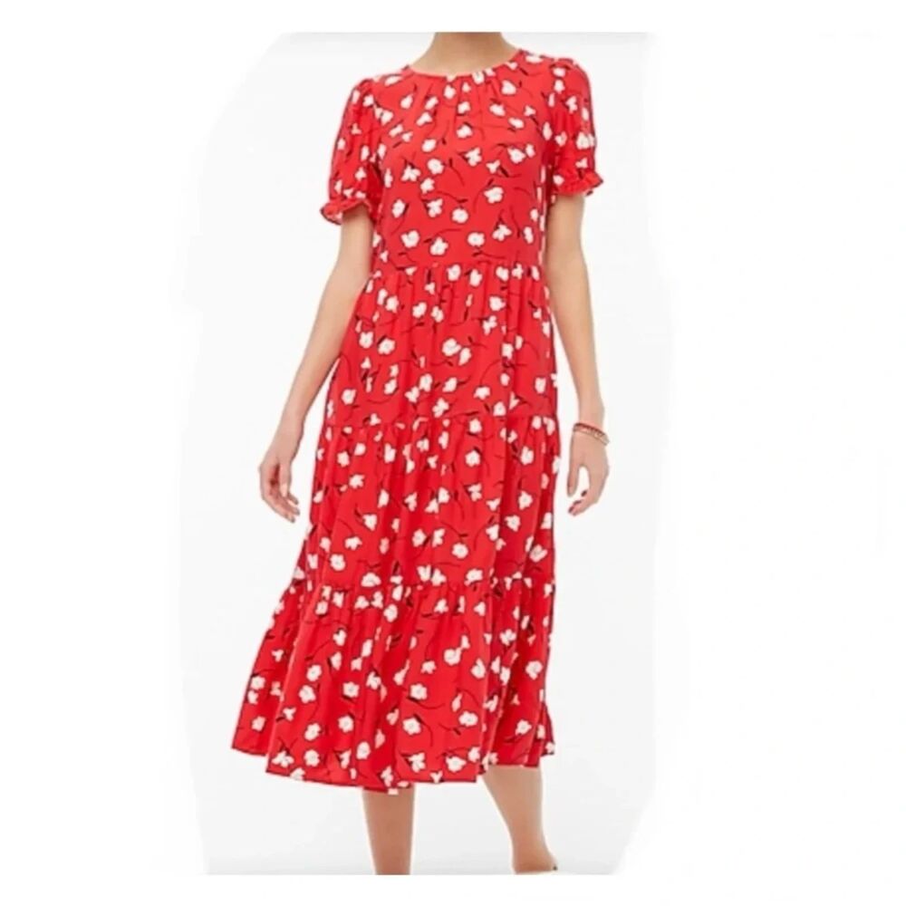 J.Crew Factory Floral Midi Dress L Red White Puff Sleeve Tiered Pockets Modest